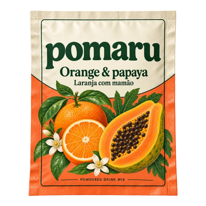 Orange & papaya POMARU sachet design concept